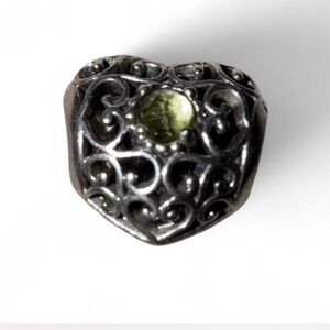 💚 Pandora Green Gem Filigree Heart Charm – Sterling Silver 925 ALE